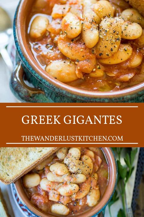 Greek Gigantes Recipe, Gigantes Recipe, Giant Beans Recipe, Giant Beans, Vegetarian Chicken, Mediterranean Dishes, Vegetarian Recipes Easy, Crusty Bread, Slow Cooked