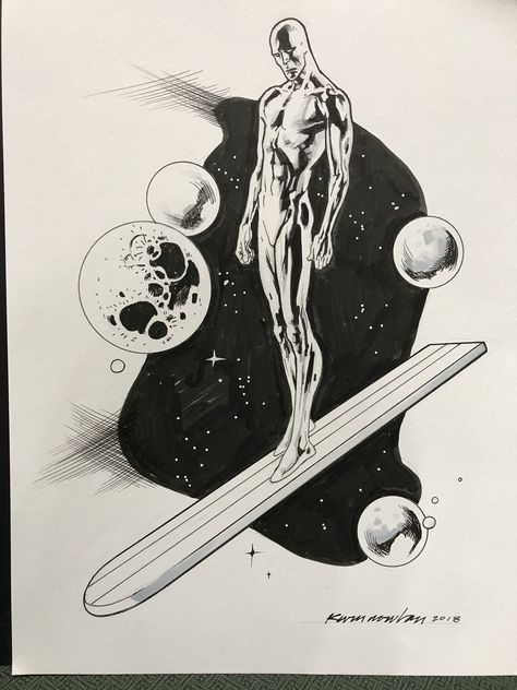 Surfer Tattoo, Crispy Cream, Surfer Painting, Silver Surfer Comic, Comic Sketch, Surfer Art, Comic Art Sketch, Cosmic Art, Character Design Sketches