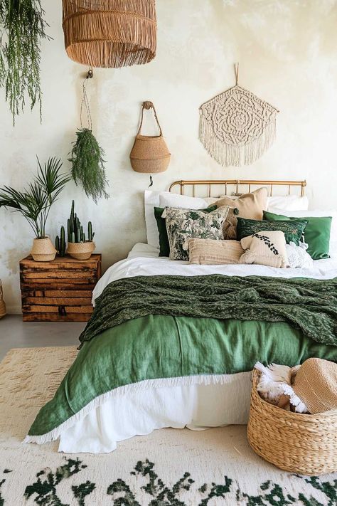 50+ Green and White Boho Bedrooms Overflowing with Fresh Style Bedroom Ideas Green, Boho Bedrooms, Boho Bedroom Ideas, Cozy Fall Bedroom, Fall Bedroom, Feature Walls, Bedroom Boho, White Accents, Boho Bedroom