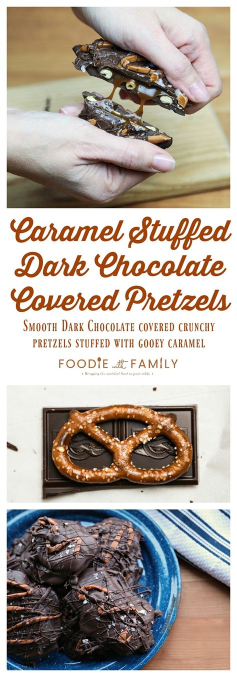 Chocolate Covered Caramel Stuffed Pretzels; crunchy sourdough pretzels enrobed in dark chocolate with a sprinkling of flaky sea salt that ooze perfectly gooey caramel when you bite into them. Salted Caramel Chocolate Covered Pretzels, Salted Chocolate Caramel Pretzels, Pretzels Caramel And Chocolate, Flavored Chocolate Covered Pretzels, Pretzel Brown Sugar Chocolate, Pretzel Candy, Stuffed Pretzels, Sourdough Pretzels, Dipped Treats