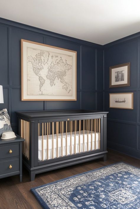 29 Artistic Luxury Nursery Wall Art and Statement Pieces Navy Blue Baby Room, Navy Blue Nursery Boy, Navy Nursery Ideas, Vintage Nautical Nursery, Dark Blue Nursery, Classic Boy Nursery, Navy Blue Room, Little Boy Nursery, Navy Blue Rooms