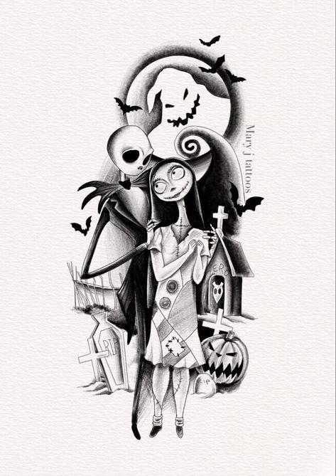 Jack And Sally Tattoo Stencil, Jack And Sally Tattoo Design, Jack Skellington Tattoo Stencil, Tim Burton Tattoo Designs, Night Mare Before Christmas Tattoos, Merlina Adams Tattoo, Jack Skellington And Sally Tattoo, Jack Skellington Tattoo Ideas, Nightmare Before Christmas Tattoo Design