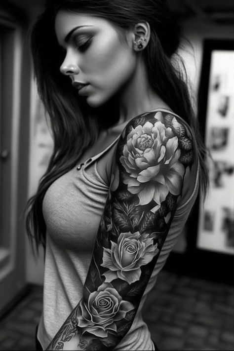 Amazing Sleeve Tattoos For Women, Women’s Sleeve Tattoo Ideas Flowers, Flower Cover Ups Tattoos, Womens Tattoo Cover Ups, Covering Up Tattoos With Another Tattoo, Black And White Realism Tattoos Women, One Arm Tattoo Sleeve Women, Women Full Arm Tattoo, Cover Up Tattoo Arm Woman