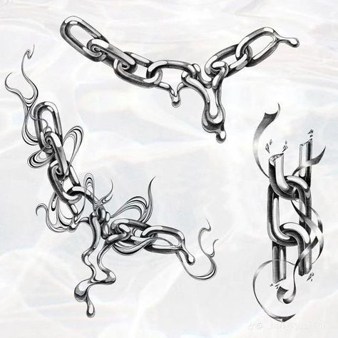 Chains Drawing Art, Fine Line Chain Tattoo, Metal Chain Art, Cyberpunk Flash Tattoo, Drip Tattoo Design, Chrome Chain Tattoo, How To Draw Chrome, Metalic Tatoos, Textured Tattoos