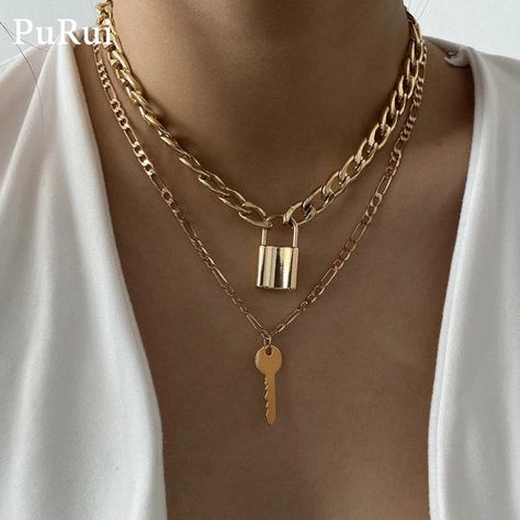 LONG CUBAN LINK CHAIN KEY/LOCK CHOKER NECKLACE Kalung Choker, Lock Pendant, Chain Lock, Key Pendant Necklace, Lock Necklace, Pendant Choker, Punk Jewelry, Couple Jewelry, Style Punk