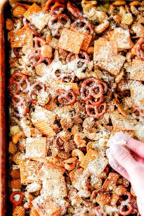 make ahead, crunchy, salty, ITALIAN PARMESAN PARTY MIX Flavored Chex Mix Recipes, Cheese Chex Mix, Salty Snacks For Party, Chex Snack Mix Recipes, Peanut Snacks, Snacks For Party, Chex Recipes, Pretzel Mix, Party Mix Snacks