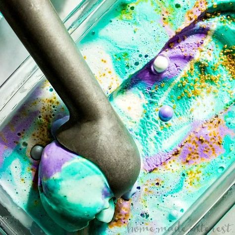 No-Churn Mermaid Ice Cream is colorful swirls of easy homemade ice cream filled with sprinkles. An easy no-churn ice cream recipe for a mermaid party! Mermaid Ice Cream, Decorated Marshmallows, Home Made Ice Cream, Easy Homemade Ice Cream, Kid Friendly Dessert, Purple Food Coloring, Mermaid Party Ideas, Ice Cream Day, Homemade Ice Cream Recipes