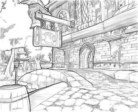 Tavern Concept Art, Tavern Drawing, Stormwind City, Town Drawing, Castle Drawing, Perspective Drawing Architecture, Bg Design, City Drawing, Architecture Drawing Art