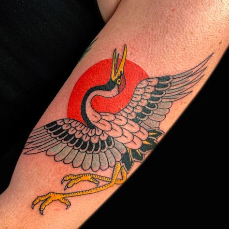 Crane Neck Tattoo, Crane Tattoo Japanese, Heron Tattoo Traditional, Traditional Crane Tattoo, Crane Tattoo Meaning, Sandhill Crane Tattoo, Cranes Tattoo, Japanese Crane Tattoo, Animal Tattoo Meanings