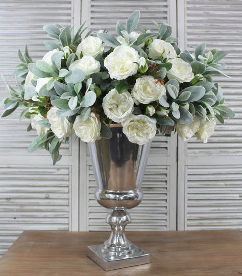 White & Green Floral Display in Silver Urn - Artificial Flowers Big White Floral Arrangements, Silver Vase Flower Arrangements, Urn Vase Floral Arrangements, White And Green Flowers In Vase, Silver Vase With Flowers, Large Green Floral Arrangement, Artificial Flower Arrangements Silver Vase, Large White And Green Floral Arrangement, White Bridal Flowers