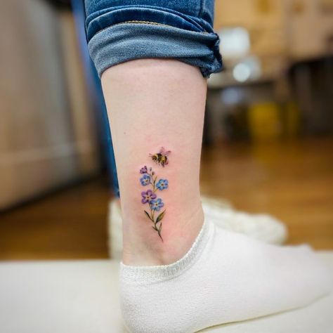 Bee Tattoo On Ankle, Bee Ankle Tattoos For Women, Small Bee Flower Tattoo, Bee On Rose Tattoo, Couple Bee Tattoo, Bee Tattoo Ankle, Bumble Bee Tattoo With Flowers, Colorful Bee Tattoo, Bumble Bee Tattoo Color