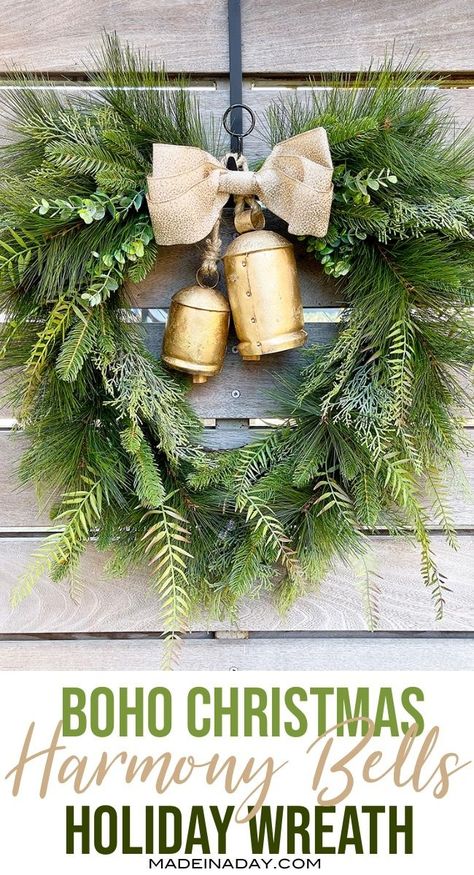 Make this gorgeous tropical boho Christmas harmony Bell Wreath for your coastal holiday decor. Stunning wreath made over tropical Christmas wreath with harmony bells. #harmonybell #bohostyle #global #christmas #Christmaswreath #gold #bellWreath #tropical #tropicalchristmas #globalchristmas #bohoinspired #boheme #hippielifestyle #farmhouse #farmhousestyledecor Diy Christmas Home Decor, Bell Wreath, Fresh Christmas Wreath, Make Your Own Wreath, Christmas Home Decor Ideas, Diy Christmas Decorations For Home, Tropical Boho, Coastal Holiday, Tropical Christmas