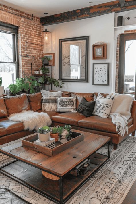 Cozy Traditional Living Room, Casual Living Room Design, Cottage Living Room Ideas, Modern Cottage Living Room, Modern Cottage Decor, Brown Leather Couch Living Room, Organic Modern Living Room, Leather Couches Living Room, Cottage Living Room