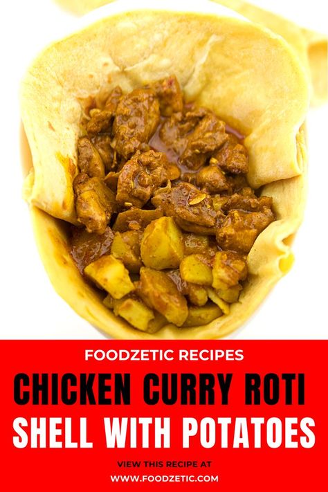 Jamaican Roti Recipe, Roti Recipe Guyanese, Chicken Roti Recipe, Roti Recipe Easy, Roti Recipe Indian, Chicken And Potato Curry, Chicken Roti, Trinidad Recipes, Trini Food