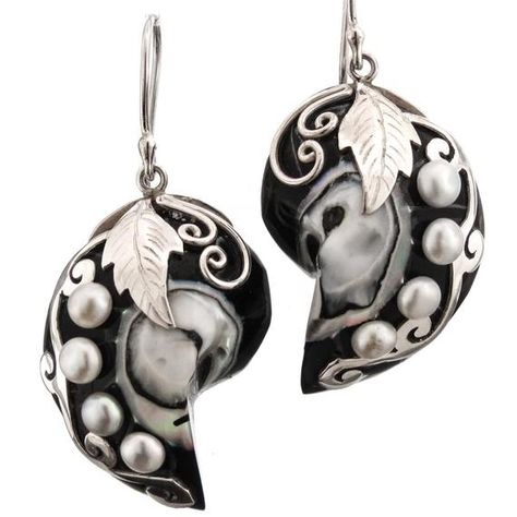 1 1/4 Black Open Nautilus Shell Freshwater Pearl 925 Sterling Silver Earrings    Please have a look at this cool nautilus shell earring set. The way these earrings are cut from the nautilus shell gives them a unique, creative look that sets them apart from other shell earrings. The chambers of the The Nautilus, Nautilus Shell, French Wire, Moon Earrings, Shell Earrings, Wire Earrings, Nautilus, 925 Sterling Silver Earrings, Silver Pearls