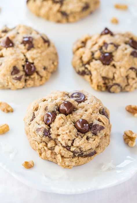 Loaded Oatmeal, Walnut Chocolate Chip Cookies, Chocolate Chip Walnut Cookies, Coconut Chocolate Chip Cookies, Averie Cooks, Cookies Soft, White Choc, Oatmeal Cookies Chewy, Soft Chocolate Chip Cookies