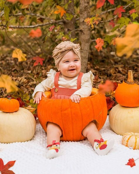 Baby In Pumkin Ideas Pictures, Baby I’m Pumpkin Pictures, Fall Pumpkin Baby Photoshoot, Kids Fall Photoshoot Ideas, First Fall With Baby, Fall Pictures For Babies, Cute Fall Baby Pictures, 6 Month Old Fall Pictures, First Birthday Photo Shoot Ideas Fall