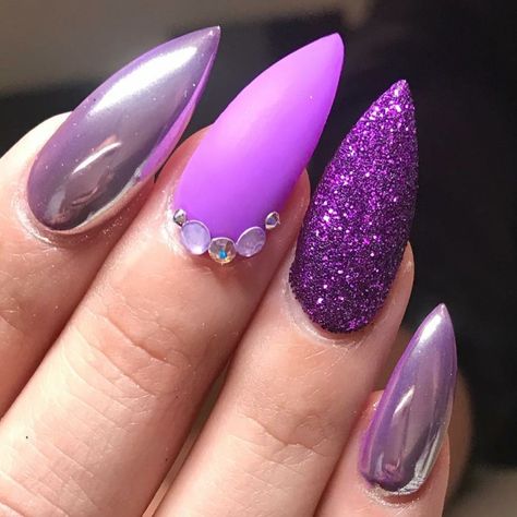 Matte Nails Purple, Purple Acrylic Nails Designs, Summer Nails Matte, Purple Nails Glitter, Acrylic Nails Almond, Summer Nails Almond, Purple Glitter Nails, Natural Nail Art, Glitter Nails Acrylic