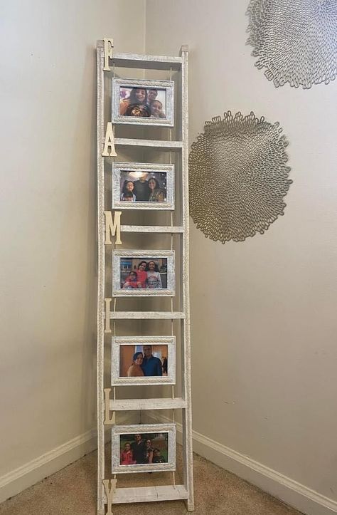 Picture Ladder Photo Displays, Dollar Tree Frames Wall Art, Dollar Tree Picture Frames, Old Ladder Decor, Ladder Diy, Frames Painted, Farmhouse Picture Frames, Wall Ladder, Jenga Blocks