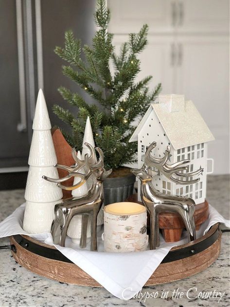 Winter Island Centerpiece, Kitchen Tray Christmas Decor, Christmas 2 Tier Tray Decor, 2 Tier Christmas Tray Decor, Island Tray Decor, Christmas Island Centerpiece Ideas, Kitchen Island Tray, Kitchen Island Tray Decor, Christmas Tray Decor Ideas