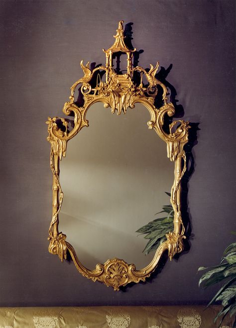 A most fanciful sculpted chinoiserie mirror frame with a pair of english Hoho birds or phoenix's. Note the rarely seen wire work of projecting flowers and festoons. Finished in antique gold leaf. Chinoiserie Mirror, Fancy Mirrors, Antique Chinese Furniture, Vintage Photo Frames, The Enchanted Home, Shabby Chic Frames, Bath Tiles, Enchanted Home, Chinoiserie Chic