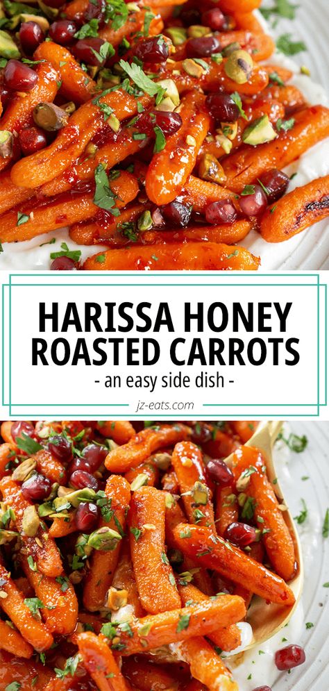 honey roasted carrots on a white plate Honey Harrisa Carrots With Whipped Feta, Harissa Sweet Potato, Harissa Vegetables, Carrot Harissa, Roasted Carrots With Feta, Harissa Carrots, Harissa Recipe, Feta Spread, Harissa Recipes