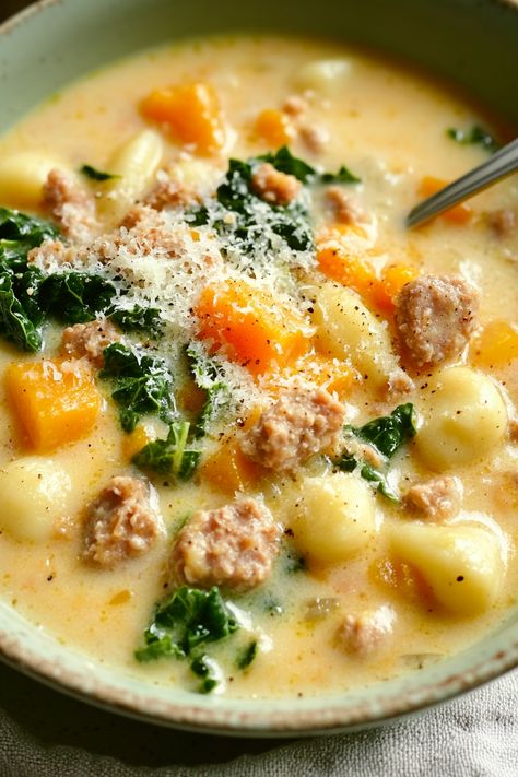 Savory Butternut Squash Gnocchi Soup Fall Soups With Butternut Squash, Healthy Gnocchi Soup Recipes, Spicy Sausage Butternut Squash Soup, Soups With Butternut Squash, Turkey Gnocchi Soup, Fall Squash Soup, Squash Soups, Soup Squash, Butternut Squash Gnocchi