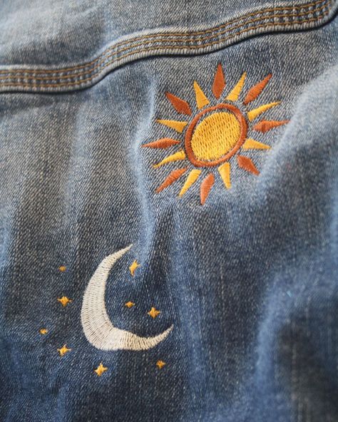 Embroidery Sun And Moon, Embroidery Jeans Diy, Clothing Alterations, Embroidered Sun, Moon Made, Jacket Embroidery, Clothes Embroidery Diy, The Sun And The Moon, Sun And The Moon