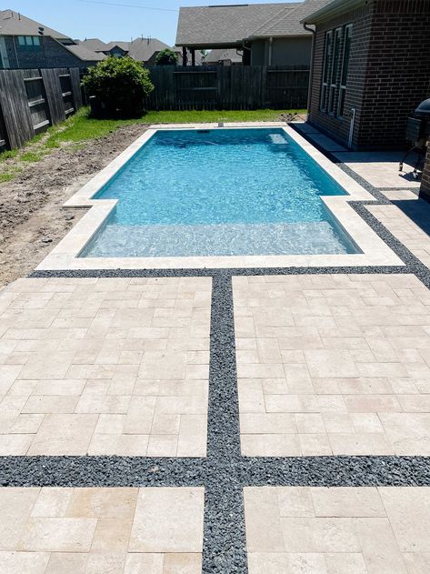 Pool is Finished! - Crazy Wonderful French Gray Pool Plaster, Travertine Pool Decking, Waterline Pool Tile, Pool Paradise, Pool Plaster, Pools For Small Yards, Travertine Pool Coping, Simple Pool, Pool Pavers