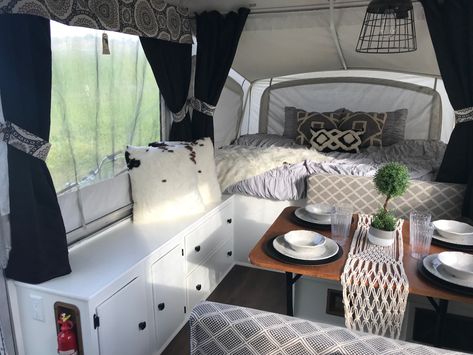 Our beautiful popup camper remodel! Boho Pop Up Camper, Popup Remodel, Jayco Camper Trailer, Tent Trailer Remodel, Popup Camper Remodel, Diy Caravan, Overland Build, Caravan Living, Travel Trailer Living