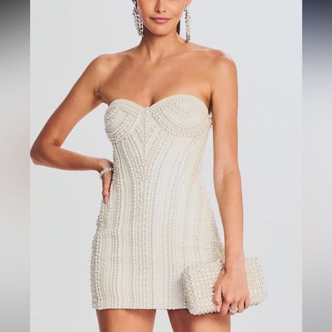 Stand Out In Our Deema Dress. This Strapless Mini Dress Features A Semi-Sweetheart Neckline And Pearl-Lined Silhouette. Shown Here In Ivory. Nwt Pearl Mini Dress, Australia Clothes, Wedding Reception Dress, Pearl Dress, Strapless Mini Dress, Hoco Dresses, India Fashion, Nordstrom Dresses, Homecoming Dresses