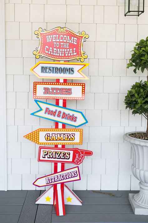 Jillian Harris Leo's Birthday Carnival Booth Design, Carnival Display, Carnival Signage, Backyard Circus, Carnival Printables, Canva Theme, Pto Events, Carnival Baby Showers, Carnival Booths