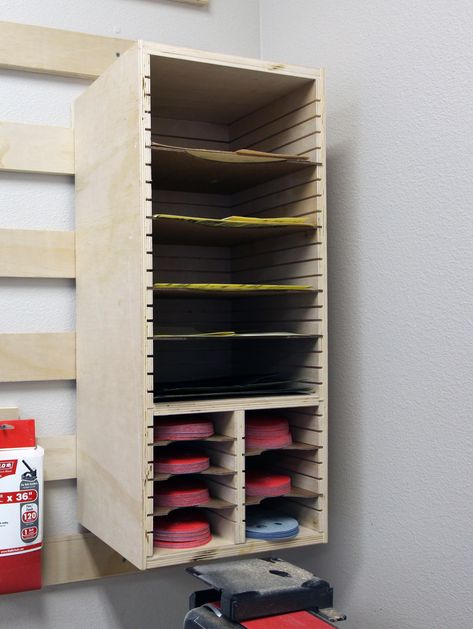 Sandpaper Storage Station Sand Paper Storage Ideas, Sanding Station, Sandpaper Storage, Woodworking Storage, Woodworking Bed, Sand Paper, Woodworking Joinery, Woodworking Joints, Diy Garage Storage