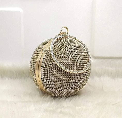 Women round clutch | suitable to wedding, banquet, party, cocktail, and ideal gift to family, lover, friends | Golden colour 💛 Golden Clutch, Crystal Bags, Box Clutch, Round Box, Evening Handbag, Ladies Clutch, Women Diamond, Cute Bags, Disco Ball