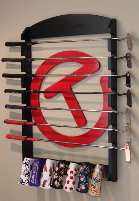 Custom putter rack.  myputterrack.com Diy Golf Putter Stand, Golf Putter Rack, Putter Display Rack, Golf Club Stand Diy, Golf Club Rack Diy, Putter Cover Display, Golf Display, Golf Office, Golf Man Cave