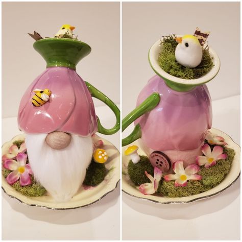 Tea Cup And Saucer Gnomes, Gnome Tea Cups, How To Make Teacup Gnomes, Teacup Gnomes Tutorial, Tea Cup Gnomes Diy, Teacup Gnomes Diy, Teacup Gnomes, Tea Cup Gnomes, Cup And Saucer Crafts