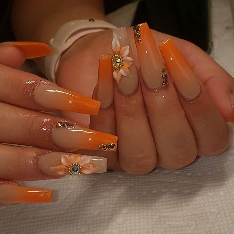 Cute summer nails.Visit our website for more designs. Orange Acrylic Nails, Long Acrylic Nail Designs, Ombre Acrylic Nails, Fall Acrylic Nails, Long Acrylic Nails Coffin, Acrylic Nails Coffin Pink, White Nail, Orange Nails, Coffin Nails Designs