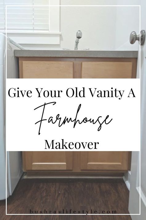 Gray Bathroom Vanity Farmhouse, Cheap Farmhouse Bathroom Makeover, Farmhouse Bathroom Vanity Colors, Refurbish Bathroom Vanity, Rustic Farmhouse Bathroom Vanity, Repurposed Bathroom Vanity Ideas, Bathroom Vanity Refurbished Diy, Refurbished Bathroom Vanity, White Wash Bathroom Vanity