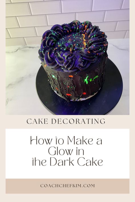 How to Make a Glow in the Dark Cake - Coach Chef Kim Glow In The Dark Splatter Cake, Glow In Dark Cake Ideas, Dark Cake Ideas, Glow In The Dark Birthday Cake, Glow In The Dark Cake, Dark Cake, Splatter Cake, Black Food Coloring, Colorful Drinks