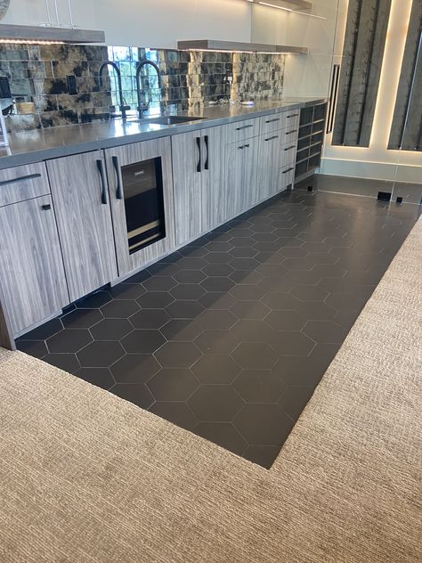 Like the tile inside the carpet. Carpet To Tile Transition, Tile Transition, Bar Flooring, Tiles Ideas, Basement Plans, Basement Makeover, Bar Areas, Wet Bar, Wood Working