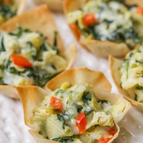 Spinach Artichoke Cups | Lil' Luna Spinach Puffs Recipe, Artichoke Cups, Spinach Artichoke Cups, Cheese Puffs Recipe, Best Spinach Artichoke Dip, Cheesy Appetizer, Cheesy Spinach, Artichoke Dip Recipe, Wonton Recipes