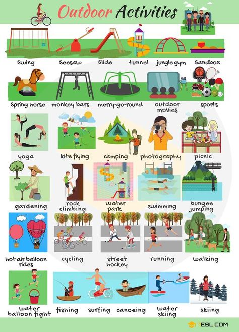 0shares Outdoor games and activities may refer to a team sport game or practice held in an outdoor setting. When … Activities List, Sports Activities For Kids, English Games, Kids English, English Vocab, Vocabulary List, English Lessons For Kids, English Activities, Games And Activities