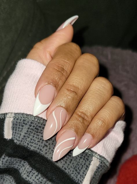 Fresh Set of Nails 2 Finger Nail Design, White Line Design Nails, Modern French Nails Almond, French Tip Stiletto Nails Short, Nude Short Almond Nails, Pointy Natural Acrylic Nails, Neutral Pointy Nails, White French Tip Nails Almond Abstract, Neutral Pointy Almond Nails