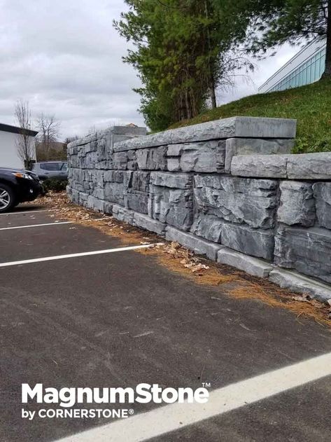 This gorgeous Magnumstone retaining wall with cap units provides business owners with a professionally landscaped look for their parking lot. Large Retaining Wall Blocks, Large Retaining Wall, Interlocking Concrete Blocks, Block Retaining Wall, Jersey Barrier, Retaining Wall Blocks, Diy Backyard Landscaping, Retaining Walls, Block Wall