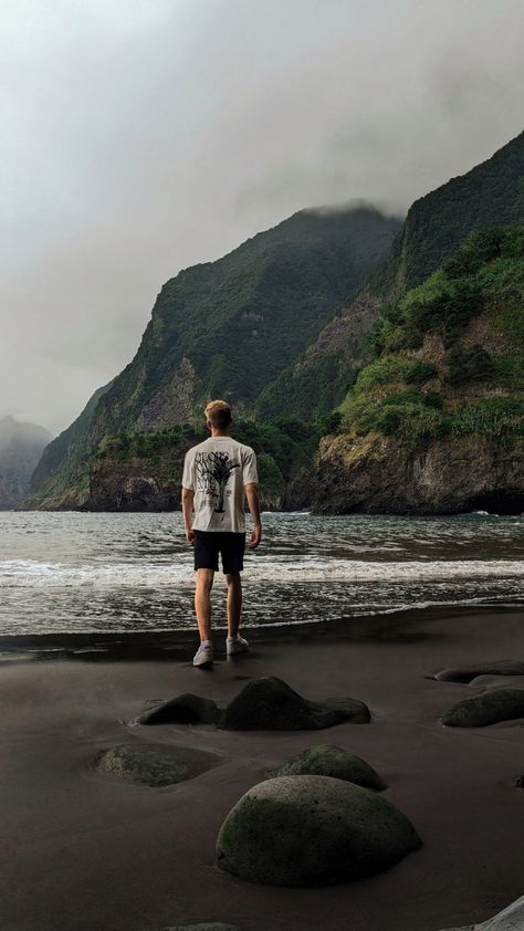 Seixal, Madeira, black beach, man, boy, clothing, aesthetic Seixal Beach Madeira, Madeira Outfit, Vacation Pics, Clothing Aesthetic, Black Beach, Boy Clothing, Aesthetic Beach, Vacation Pictures, Beach Aesthetic