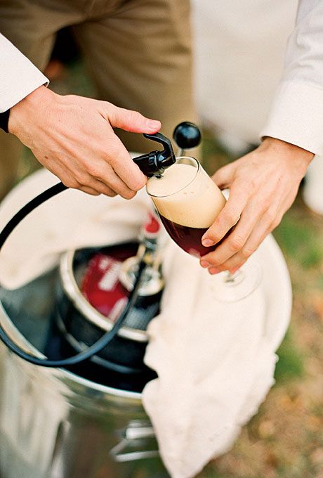 Love this idea for a laid back feeling!! You can even give everyone a beer mug for a gift!   Beer on tap at a cozy autumn wedding. Photo by Robert Sukrachand. Wedding Keg, Reception Drinks, Sunflower Wedding Decorations, Pumpkin Beer, The Wedding, Beer Wedding, Beer Tap, When I Get Married, Let's Get Married