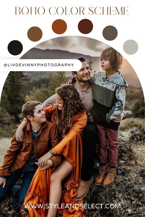 Boho Fall Pictures, Family Photo Outfits Orange Color Combos, Moody Fall Family Photoshoot, Jewel Tones Family Photos, Bold Colorful Outfits, Fall Pictures Color Scheme, Themed Family Photoshoot Ideas, Photo Shoot Color Schemes, Boho Fall Family Photos