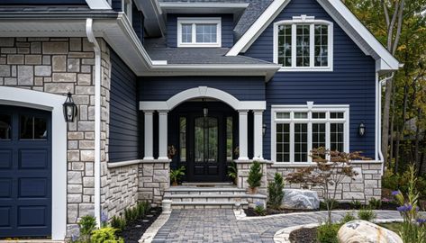 Blue House With Black Door, Dark Blue Siding, Navy Blue House Exterior, Dark Blue House, Dark Blue House Exterior, White Home Exterior, Navy Blue Houses, Navy House, Dark Blue Houses