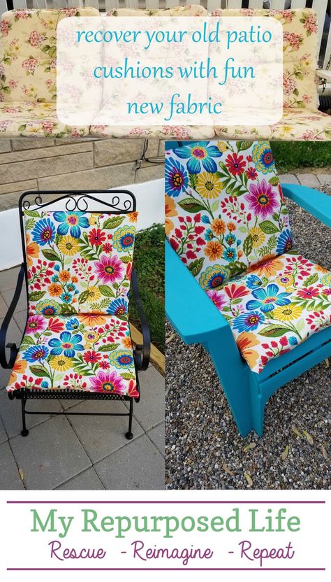 recover your old patio cushions with fun new fabric #MyRepurposedLife #outdoor #patio #cushions #diy Outdoor Chair Cushions Diy, Diy Patio Cushions, Diy Chair Cushions, Patio Furniture Makeover, Outdoor Cushions Patio Furniture, Garden Chair Cushions, Envelope Pillow, Chair Cushion Covers, Patio Chair Cushions