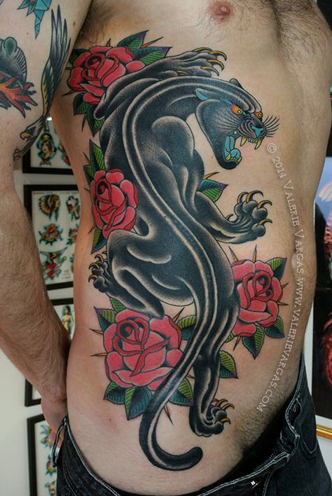 Tree Tattoo Chest, Traditional Back Tattoo, Traditional Panther Tattoo, Black Panther Tattoo, Panther Tattoo, Tattoo Old School, Flower Tattoo Sleeve, Old School Tattoo Designs, Half Sleeve Tattoo